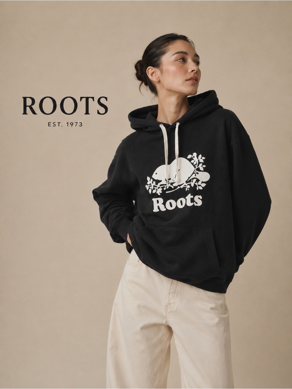 Roots Black Kanga Hoodie with White Beaver Logo